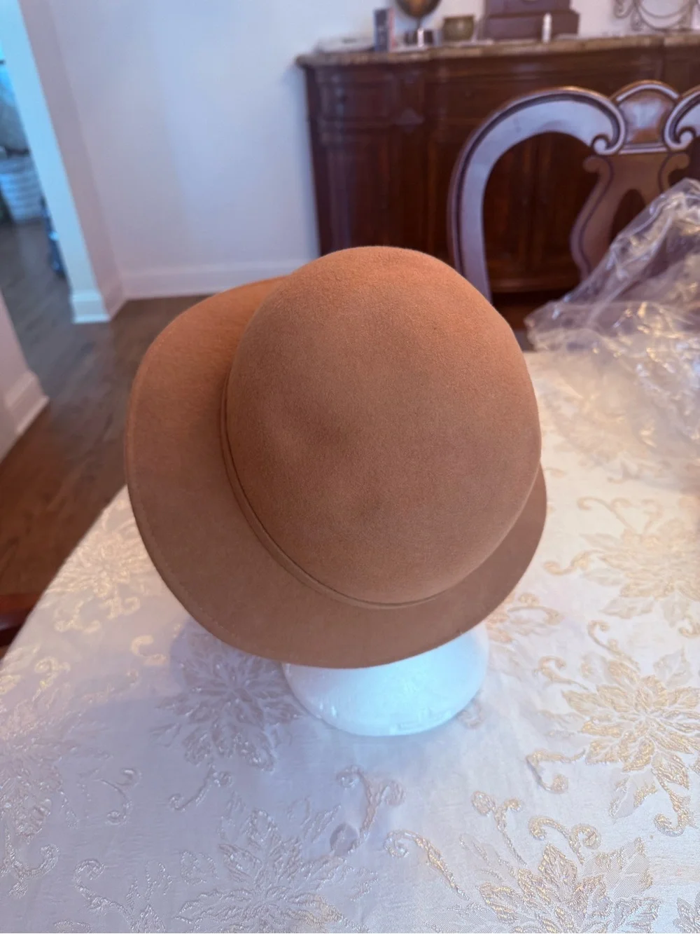 Womens Tan Wool Cloche Hat with Ties